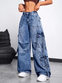 SHEIN EZwear 女款休閒水洗寬腿工裝牛仔褲 - 藍色 - 查看 3