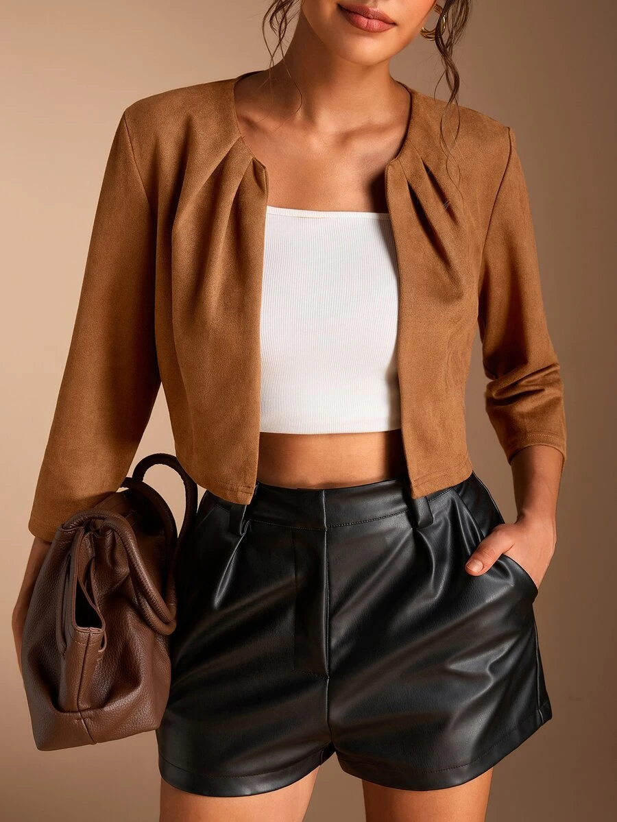 SHEIN BASICS Women's Solid Color Long Sleeve Pleated Open Front Casual Jacket - Brown - View 1