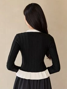 DAZY Cardigan Patchwork Blok Warna Prancis Elegan untuk Wanita, Cocok untuk Kantor di Musim Gugur, Warna Hitam dan Putih - Hitam - View 2