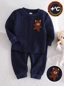 2pcs Baby Boy Comfortable Soft Thick Navy Blue Cable Knit Jacquard Fabric Ribbed Crew Neck Bear Graphic Applique Embroidery Ribbed Cuffs Pajama Set - Navy Blue - View 5