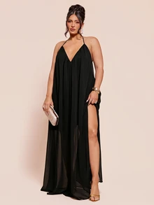 SHEIN BAE 大尺碼女款純色掛脖開衩設計休閒日常派對洋裝 - 黑色 - 查看 1