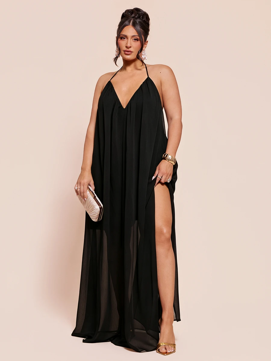 SHEIN BAE 大尺碼女款純色掛脖開衩設計休閒日常派對洋裝 - 黑色 - 查看 1