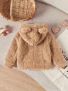 SHEIN Newborn Cute 3D Bear Fabric Double-Sided Plush Hooded Open Front Winter Jacket - Brown - View 2