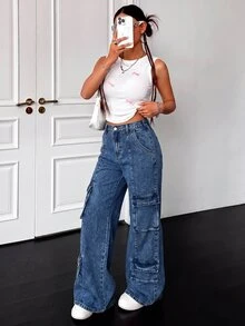 Teen Girl Pocket Button Casual Daily Wear Cargo Denim Jeans - Medium Wash - View 7