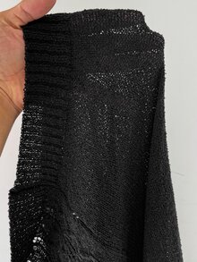 SHEIN Whyspr Plus Size Distressed Hollow Out Cable Knit Long Sleeve Top, Y2K Ripped Sheer Fringe Sweater, Spring Summer See Through Loose Grunge Knit Cover Up Shir - Black - View 8