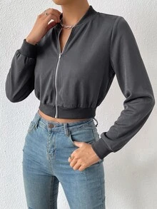 SHEIN EZwear 春季服飾 素色拉鍊短版飛行夾克 - 深灰色 - 查看 4
