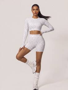 SHEIN BAE Women Leopard Print Long Sleeve Crop Top & High Waist Shorts Set Gym Workout Training Running Yoga Athletic Matching Co-Ord - Light Grey - View 5