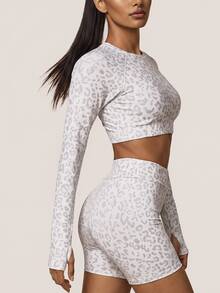 SHEIN BAE Women Leopard Print Long Sleeve Crop Top & High Waist Shorts Set Gym Workout Training Running Yoga Athletic Matching Co-Ord - Light Grey - View 4