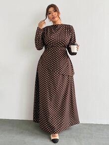 Firerie 棕色波點兩件式套裝（大尺碼）：簡約優雅時尚長袖襯衫與喇叭裙，女性優雅辦公商務工作套裝 - 棕色 - 查看 7