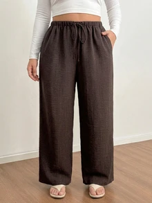 Shapeblank Plus-Size Women's Spring And Autumn Fashion Casual Loose Comfortable Everyday Basic Versatile Brown Thin Elastic Waist Wide-Leg Pants,Women Bottom - Brown - View 4