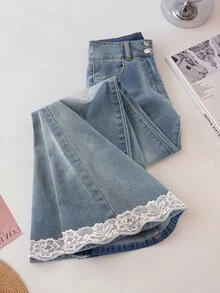 GlowEve Plus Size Women's Korean Style Fashion Lace Patchwork Flared Jeans - Light Wash - View 6