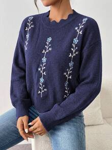 SHEIN 白色蕾絲領寬鬆刺繡秋冬毛衣 - 藏蓝色 - 查看 5