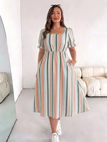 SHEIN Essnce 大尺碼女款條紋百褶休閒日常夏季洋裝 - 彩色 - 查看 4