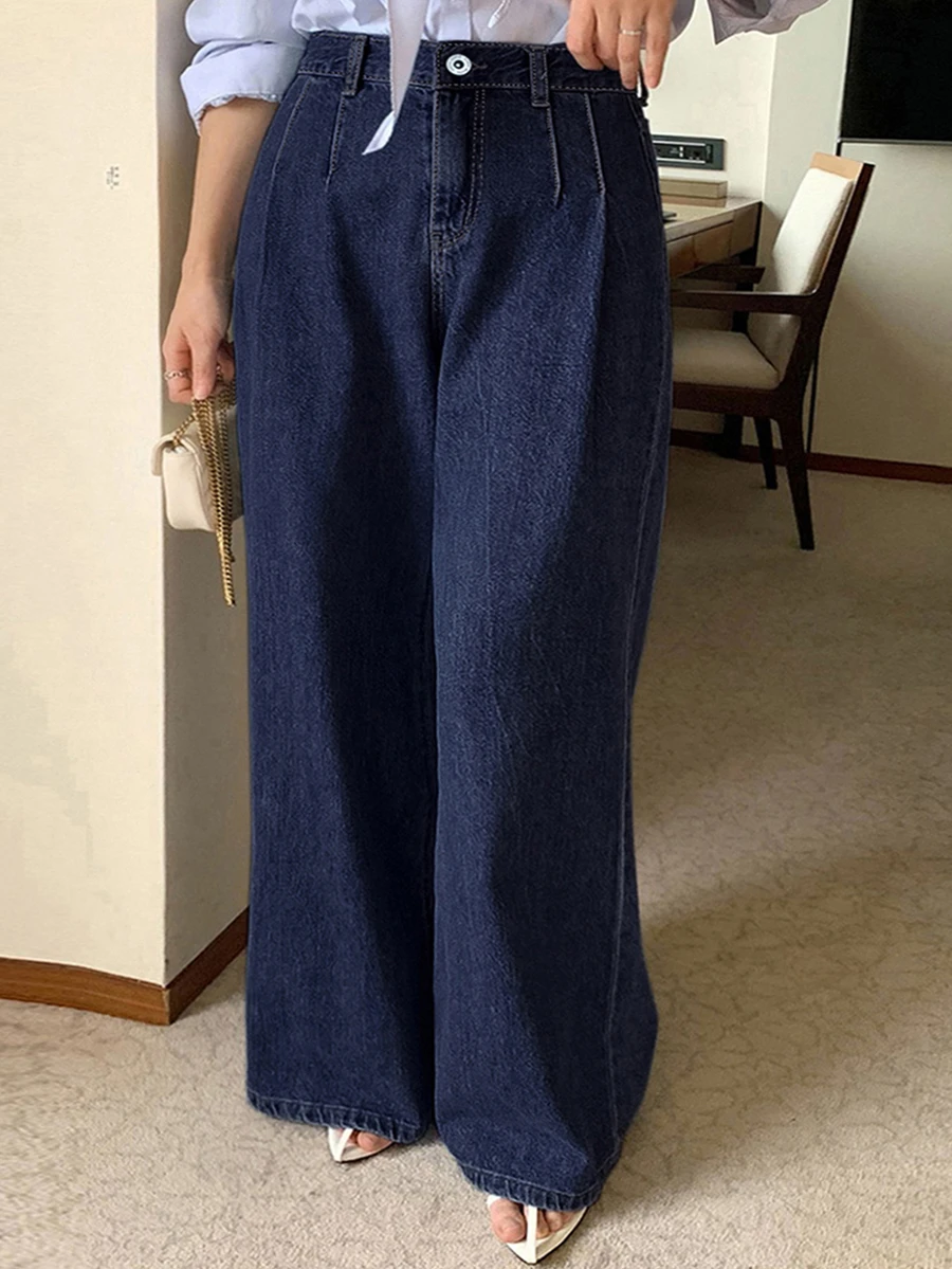 Dazy Plus High Waist Washed Blue Pleated Wide Leg Denim Jeans, Loose Fit Versatile Long Pants, All Season - Dark Wash - View 1