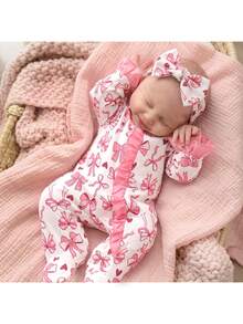 SHEIN Newborn Baby Boy Cute Knitted Casual Bowknot Pattern Romper & Headband Set - Pink - View 3