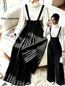 SHEIN Franclia Women's Solid Color Pleated Button Strap Wide Leg Jumpsuit - Black - View 1