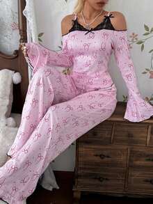 CottageSlumber Women's Knit Bow Print Lace Patchwork Ruffle Long Sleeve Long Pants Pajama Set - Pink - View 3