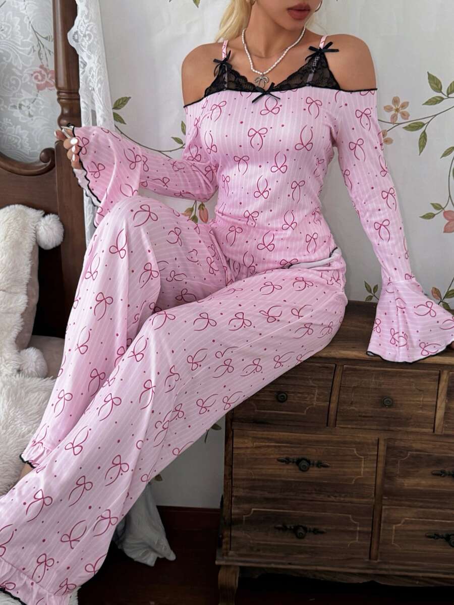 CottageSlumber Women's Knit Bow Print Lace Patchwork Ruffle Long Sleeve Long Pants Pajama Set - Pink - View 1