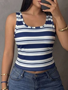 Dazy Plus Solid Color Elastic Fitted Versatile All-Match Tank Top Plus Size Women Spring Summer Camisole - Blue and White - View 4
