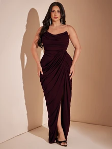 SHEIN BAE CURVE 大尺碼女款黑色優雅開衩長洋裝 - 紫紅色 - 查看 5