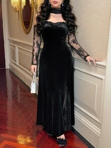 Feyla Gaun Wanita Elegan Lengan Panjang dengan Detail Renda Kontras - Hitam - View 6