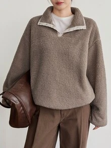 Dazy-Less Women's Winter Button Half-Placket Long Sleeve Fashion Sweatshirt Fall - Khaki - View 6