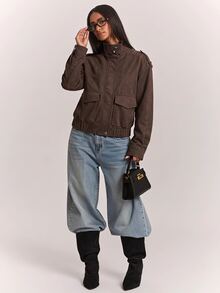 SHEIN BAE Coffee Brown Faux Suede Bomber Jacket, Stand Collar Zip Up With Flap Pockets Ribbed Hem, Casual Street Style Fall Winter Outerwear - Coffee Brown - View 3