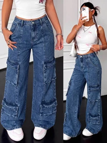 Teen Girl Pocket Button Casual Daily Wear Cargo Denim Jeans - Medium Wash - View 1