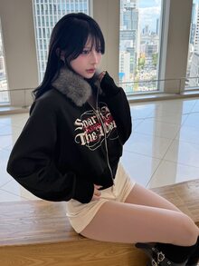 FRIFUL Women's Letter Print Long Sleeve Zip-Up Fur Collar Jacket - Black - View 8