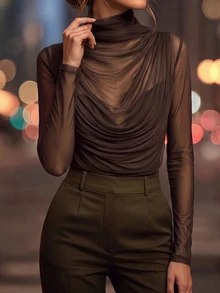 Editum ملابس علوية نسائية مثيرة شفافة بأكمام طويلة وياقة عالية، تصميم شبكي مرن مع تجاعيد، مناسبة للمساء والمواعدة والعمل والارتداء اليومي، باللون الأسود - قهوة بني - مشاهدة 3