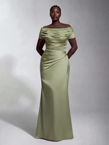 Elitara Plus Size Elegant Luxurious Sage Green Elastic Satin Ruched Off Shoulder Mermaid Dress For Wedding Formal Party, Vacation, Ball, Evening Event, Autumn - Green - View 6