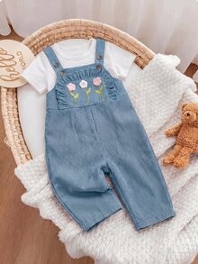 SHEIN 新生女嬰可愛多功能休閒刺繡連身衣，四季皆宜 - 霧霾藍 - 查看 5