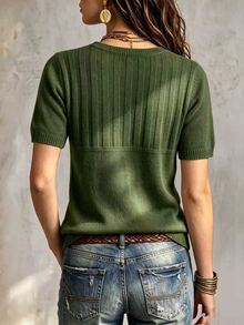 SHEIN 休閒寬鬆圓領短袖針織半鈕扣設計杏色女款春秋針織上衣 - 軍綠色 - 查看 3
