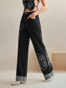 Anewsta Women's Personalized Fashionable Luxurious Embroidered Straight Leg Jeans - Black - View 3