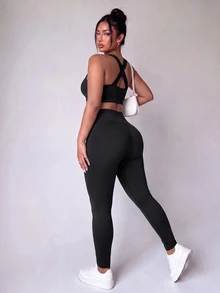 SHEIN Velisys Plus Size Solid Color Cropped Tank Top & Leggings Sports Set - Multicolor - View 8