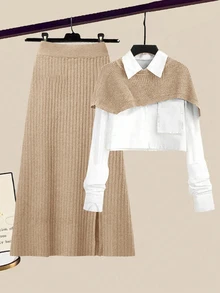GlowEve Women's Solid Color Asymmetrical Hem Cropped Knit Top And Knit Skirt Set - Khaki - View 5