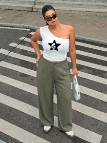 Muchica Plus Size Women Solid Color Pleated Straight Leg Loose Casual Suit Pants - Army Green - View 4