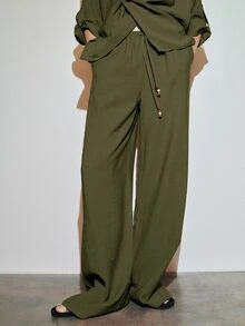 MOTF PREMIUM URBAN LOW WAIST ELASTIC WAIST DRAWSTRING DECOR WIDE LEG LONG PANTS SPRING SUMMER - Olive Green - View 7