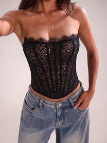 SHEIN BAE ملابس علوية نسائية بدون حمالات بتصميم دانتيل مرقع مثيرة ومتعددة الاستخدامات - الأسود - مشاهدة 7