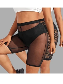 SHEIN SXY 黑色網紗蕾絲透視兩件式高腰短款緊身褲 - 黑色 - 查看 3