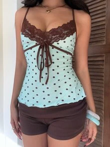 CovetEZ Women's Contrast Lace Polka Dot Print Camisole - Mint Green - View 5