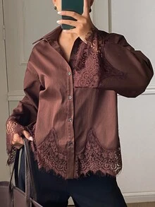 DAZY Blus Wanita Lengan Panjang Longgar dengan Hiasan Renda Kontras, Kasual untuk Liburan Musim Semi dan Gugur - Coklat - View 3