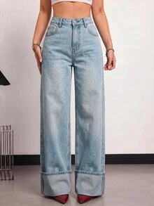 SHEIN PETITE 女款休閒水洗直筒牛仔褲 - 淺色水洗藍 - 查看 4