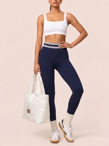 SHEIN BAE Women Navy Blue Stripe Seamless High Waist Leggings Tummy Control Gym Workout Training Running Yoga Athletic Pants - Navy Blue - View 3