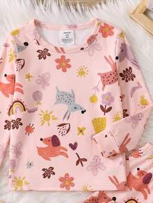 Young Girls Pajamas New Abstract Illustration Puppy Bow Flower Pattern Knitted High Elastic Snug Fit Crew Neck Long Sleeve Top With All-Over Print Long Pants 2 Pieces Set Loungewear 1Set - Multicolor - View 4