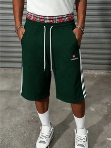 PAVTROS Men's Young Casual 2 In 1 Sweatpants, Short Knitted Sports Gym Pants With Elastic Waist Drawstring Design, Streetwear, Green And White Striped Summer - Dark Green - View 3