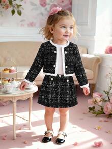 SHEIN Baby Girl Plaid Long Sleeve Cardigan & Skirt Set - Black - View 1