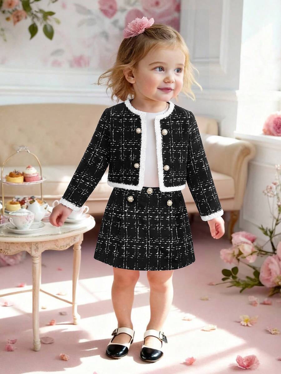 SHEIN Baby Girl Plaid Long Sleeve Cardigan & Skirt Set - Black - View 1