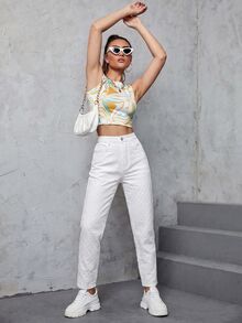 SHEIN ICON 女款休閒百搭丹寧Mom牛仔褲，附口袋 - 白色 - 查看 5