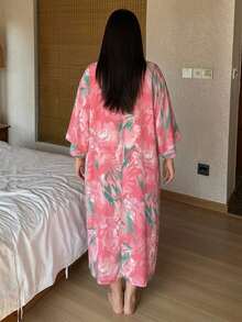 Dazy Plus Gaun Tidur Rumah Kasual Wanita Ukuran Besar Model Leher V Motif Bunga - Watermelon Pink - View 2